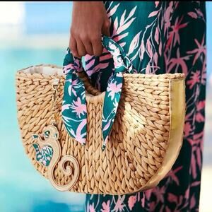 Lilly Pulitzer Monkey Business Straw Tote‎ Bag Silk Scarf Monkey Charm